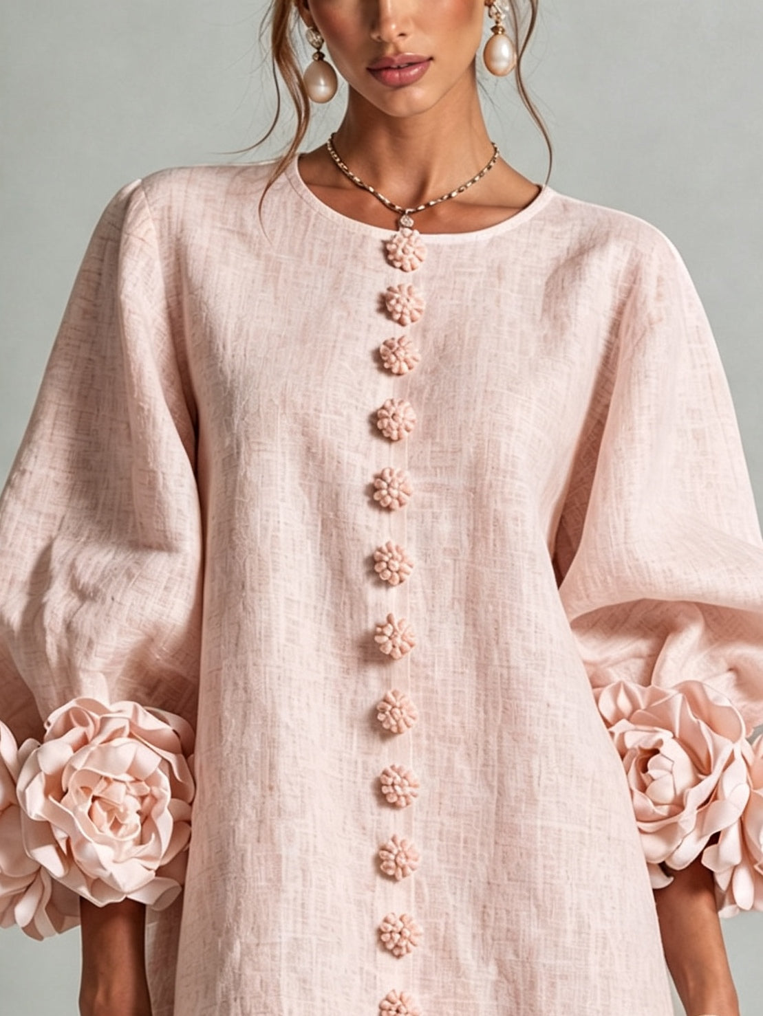 Mini Robe Florale Rose à Boutons avec Manches Florales Surprenantes