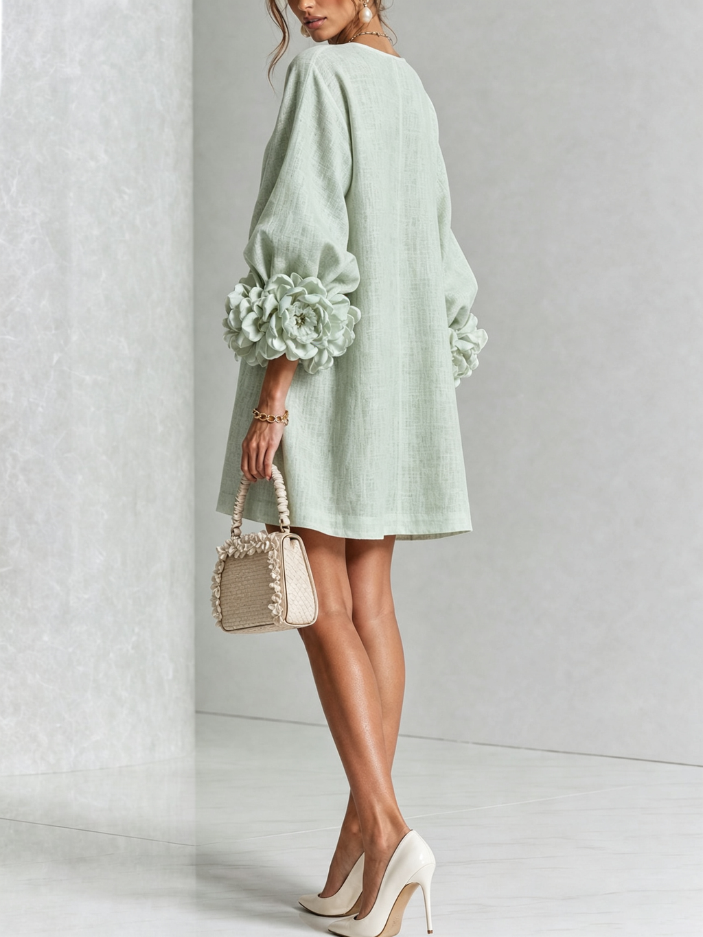 Mini-robe blanche à boutons en forme de fleurs et manches florales extravagantes