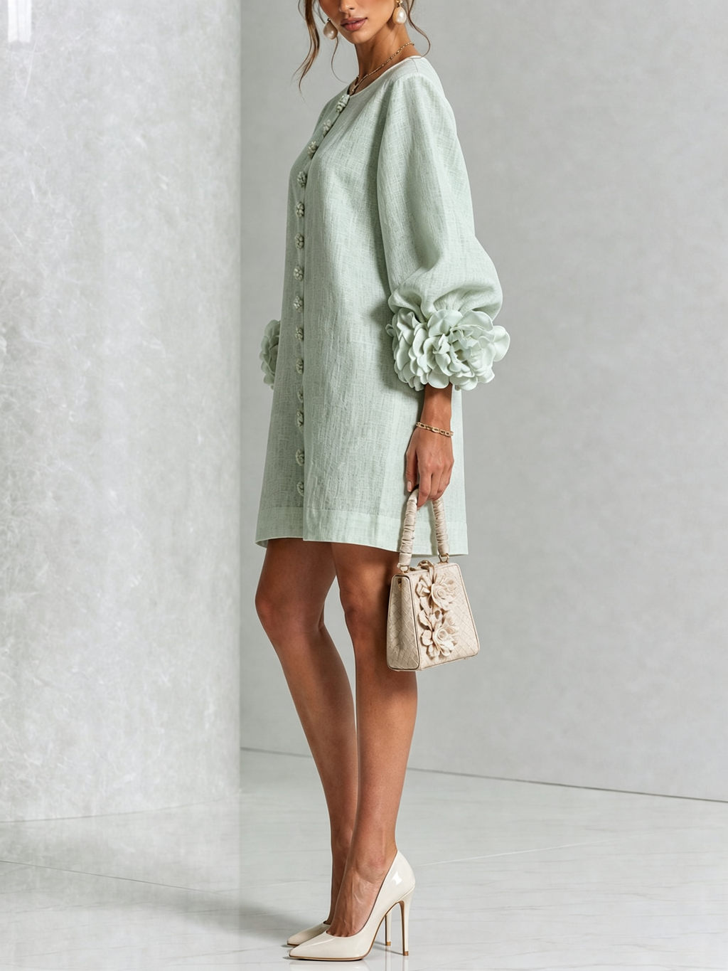 Mini-robe blanche à boutons en forme de fleurs et manches florales extravagantes