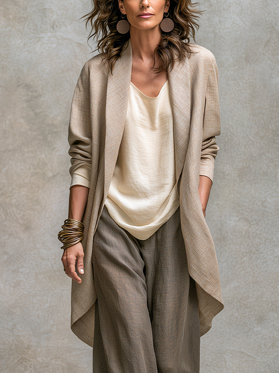 Costume Trois Pièces Décontracté Beige Gris à Superposition et Pantalon Large Élégant