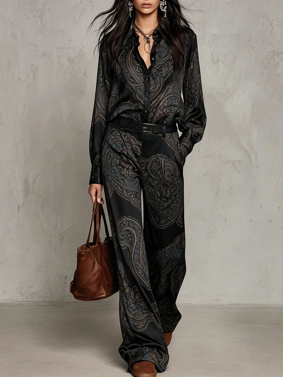 Ensemble Chemise Satin Imprimé Paisley Manches Longues et Pantalon Large (avec ceinture)