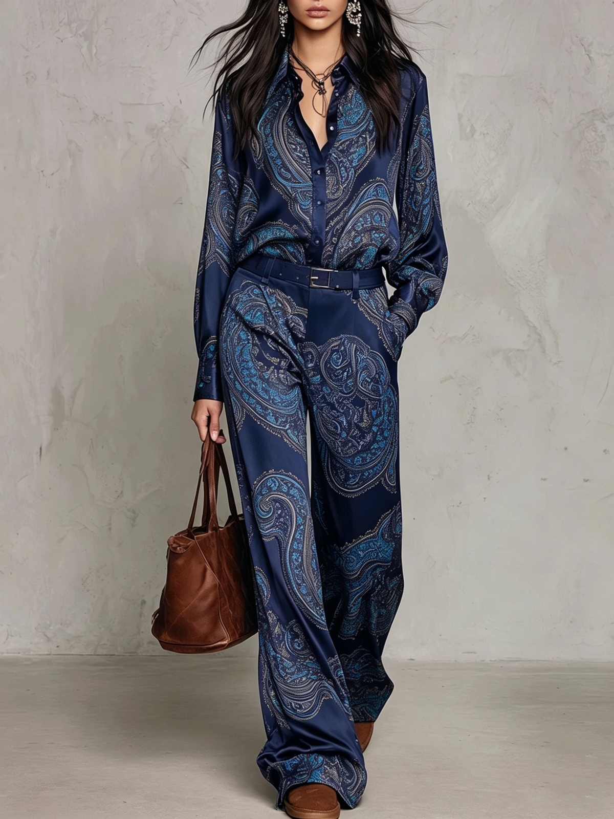 Ensemble Chemise Satin Imprimé Paisley Manches Longues et Pantalon Large (avec ceinture)