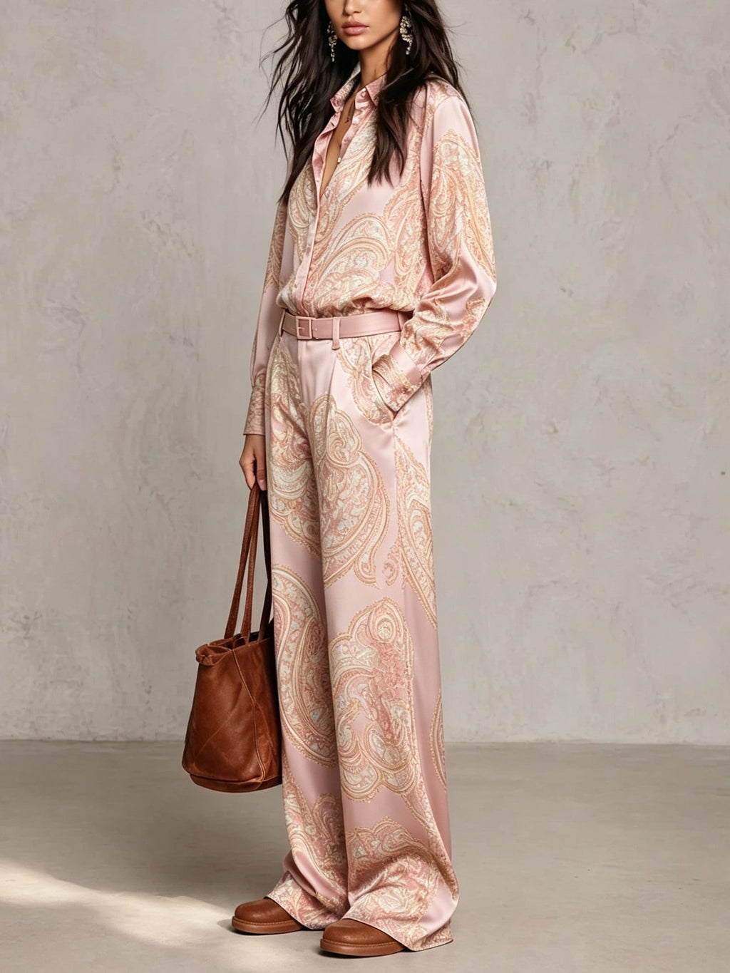 Ensemble chemise satinée imprimée paisley à manches longues et pantalon large (avec ceinture)
