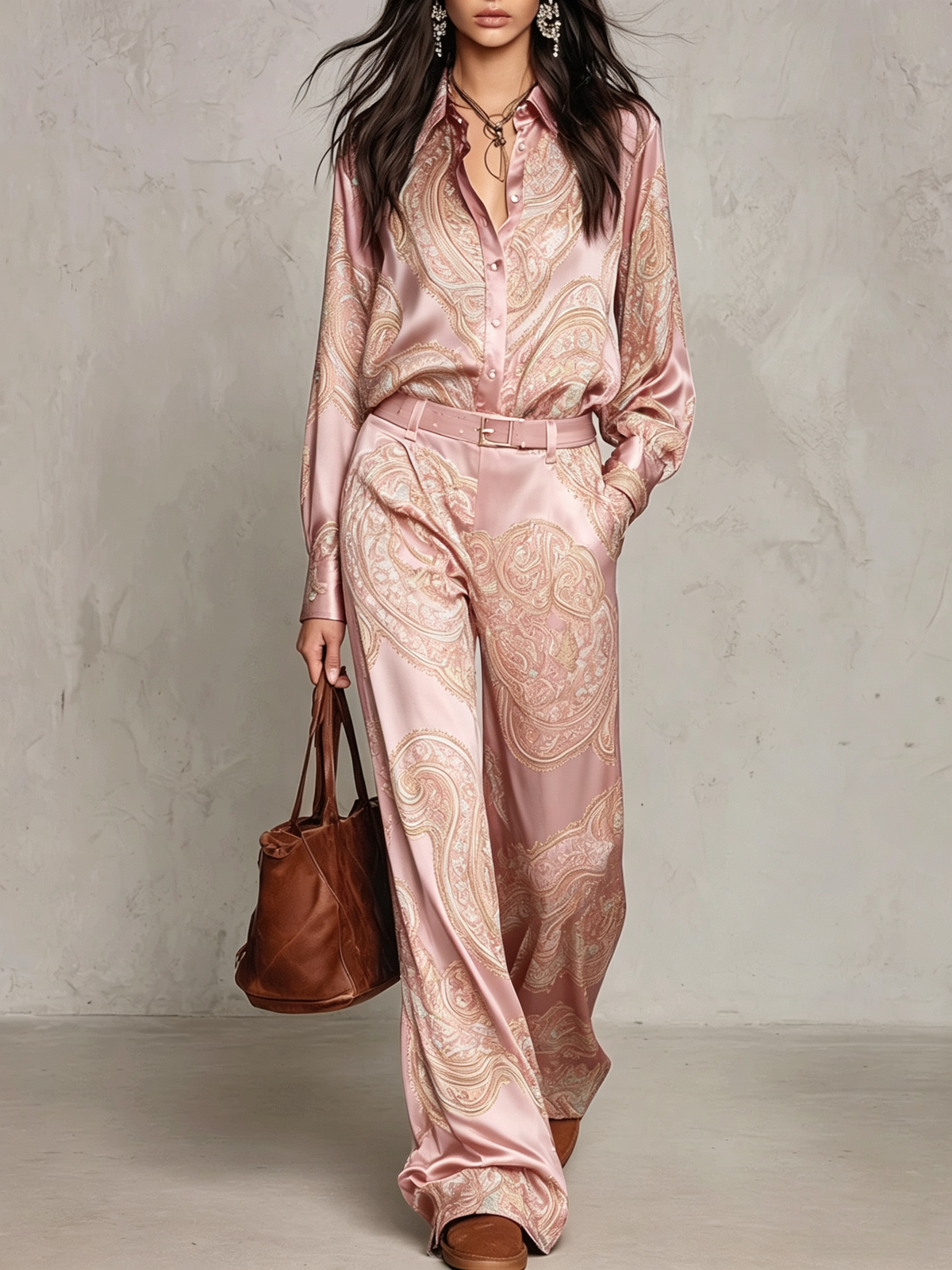 Ensemble Chemise Satin Imprimé Paisley Manches Longues et Pantalon Large (avec ceinture)