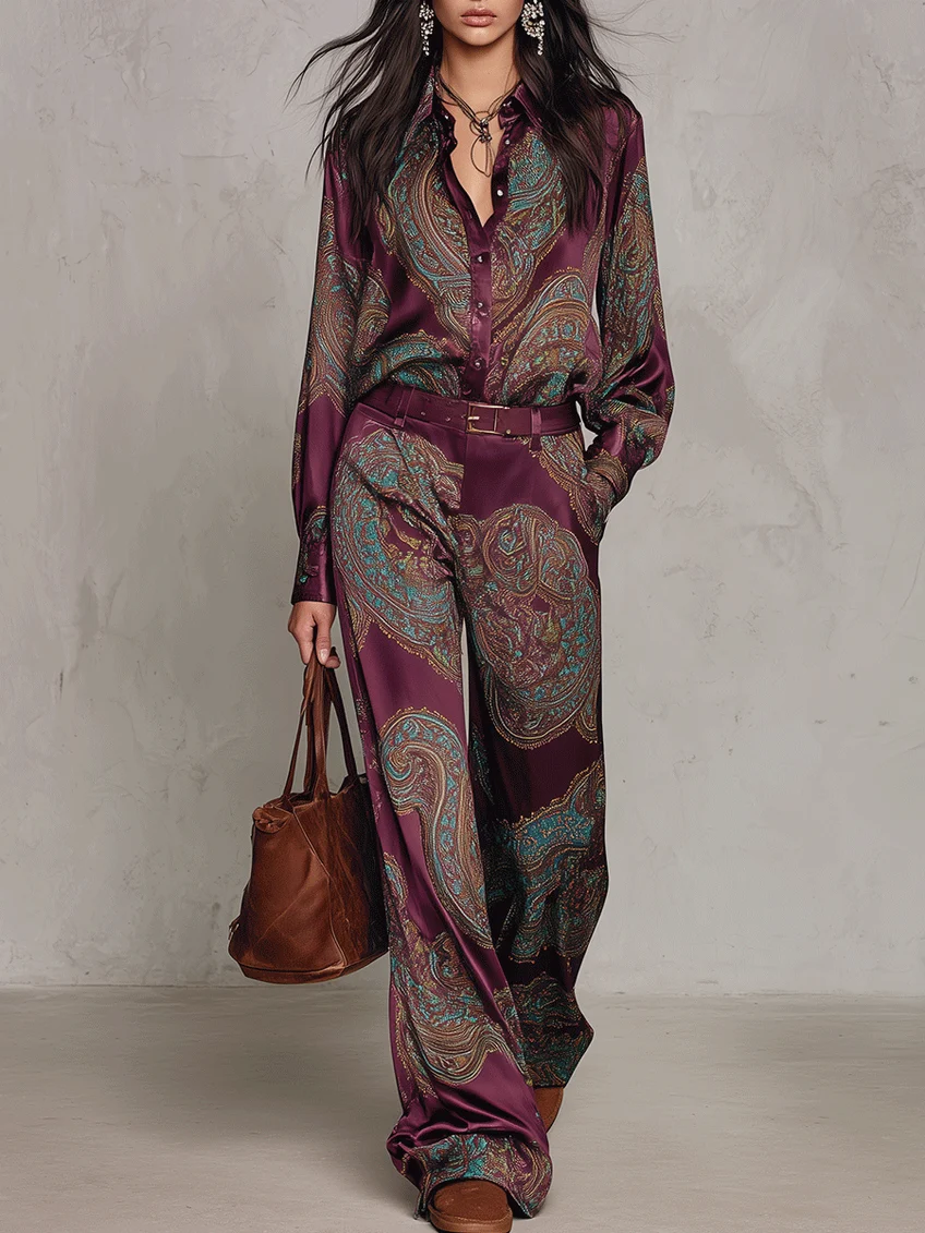 Ensemble chemise satinée imprimée paisley à manches longues et pantalon large (avec ceinture)
