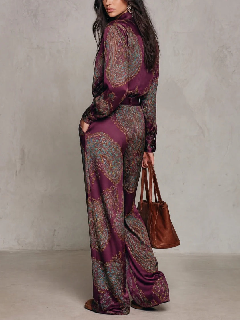 Ensemble chemise satinée imprimée paisley à manches longues et pantalon large (avec ceinture)