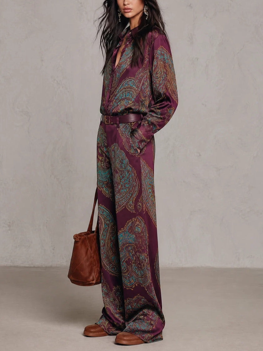 Ensemble chemise satinée imprimée paisley à manches longues et pantalon large (avec ceinture)