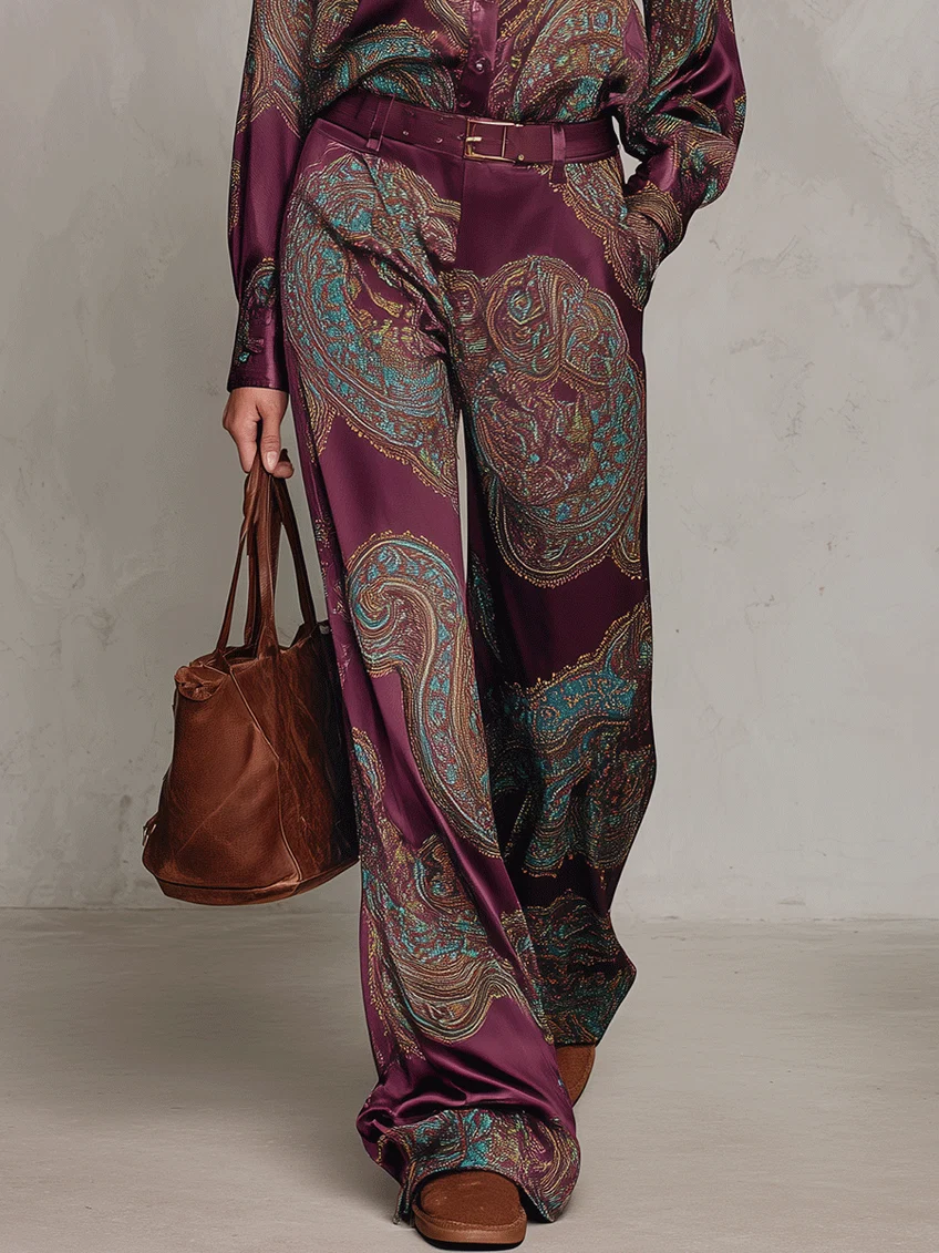 Ensemble chemise satinée imprimée paisley à manches longues et pantalon large (avec ceinture)