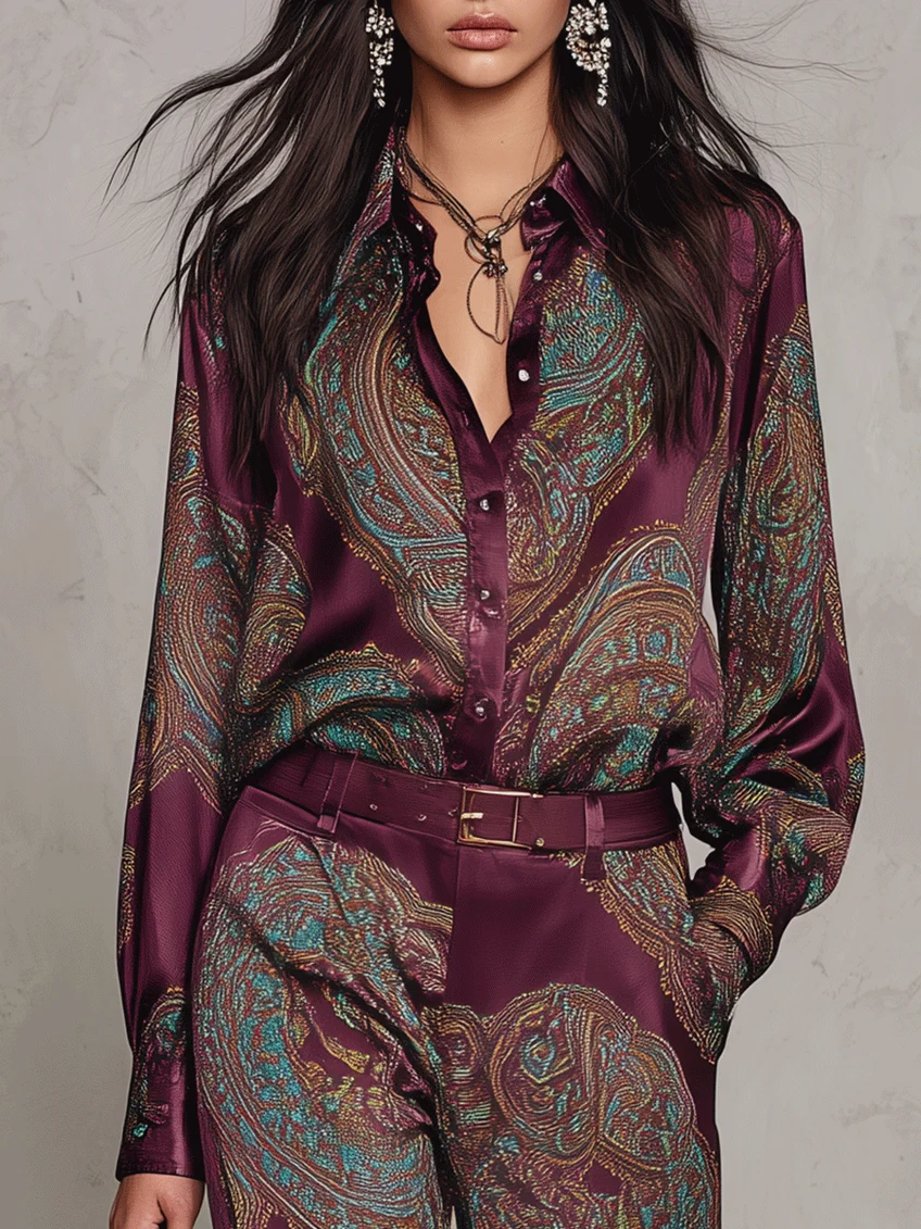 Ensemble chemise satinée imprimée paisley à manches longues et pantalon large (avec ceinture)