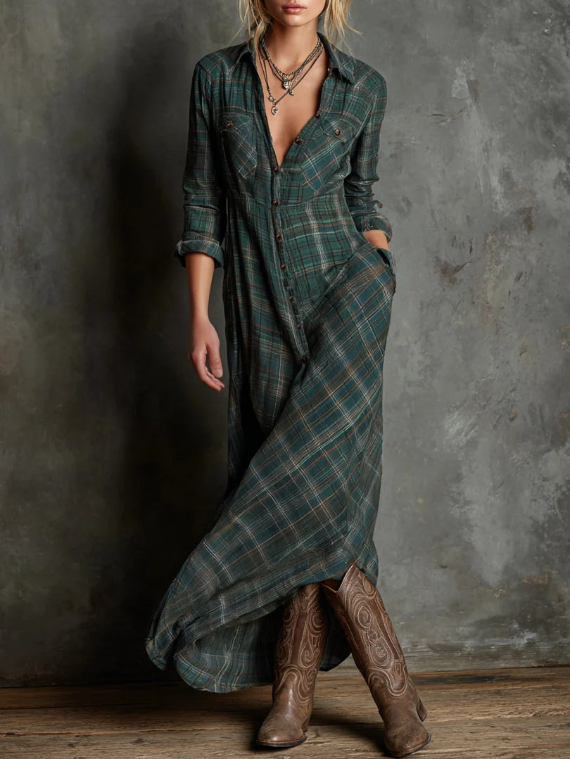 Robe chemise longue à carreaux verts, col à revers et boutonnage simple