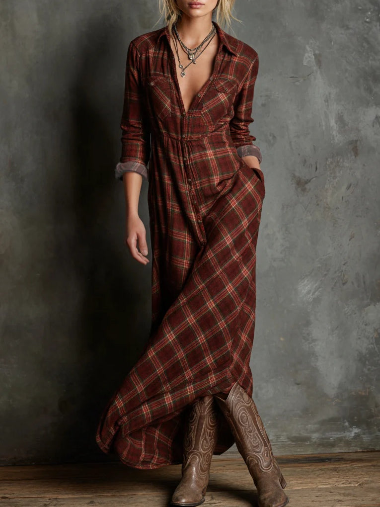 Robe chemise longue à carreaux verts, col à revers et boutonnage simple