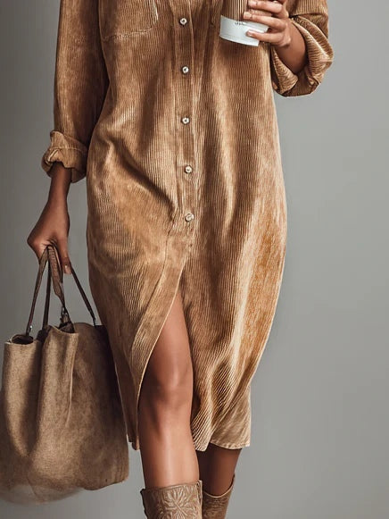 Blandine | Robe Midi en Velours Côtelé à Poches et Bouton Unique