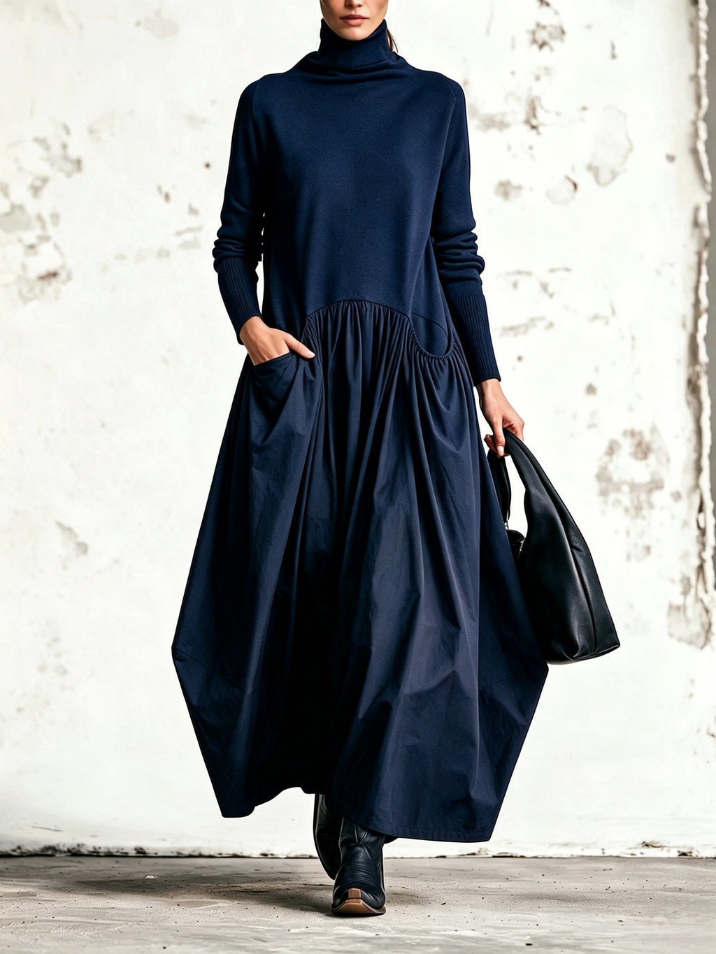 Vestido largo oversize con cuello alto y bolsillos