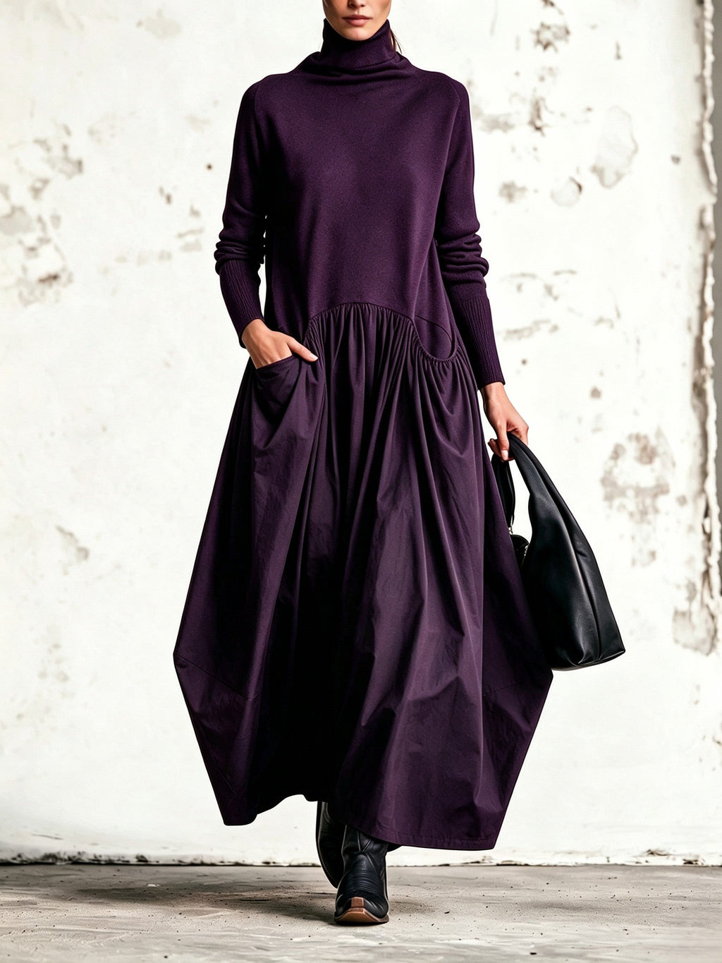 Vestido largo oversize con cuello alto y bolsillos