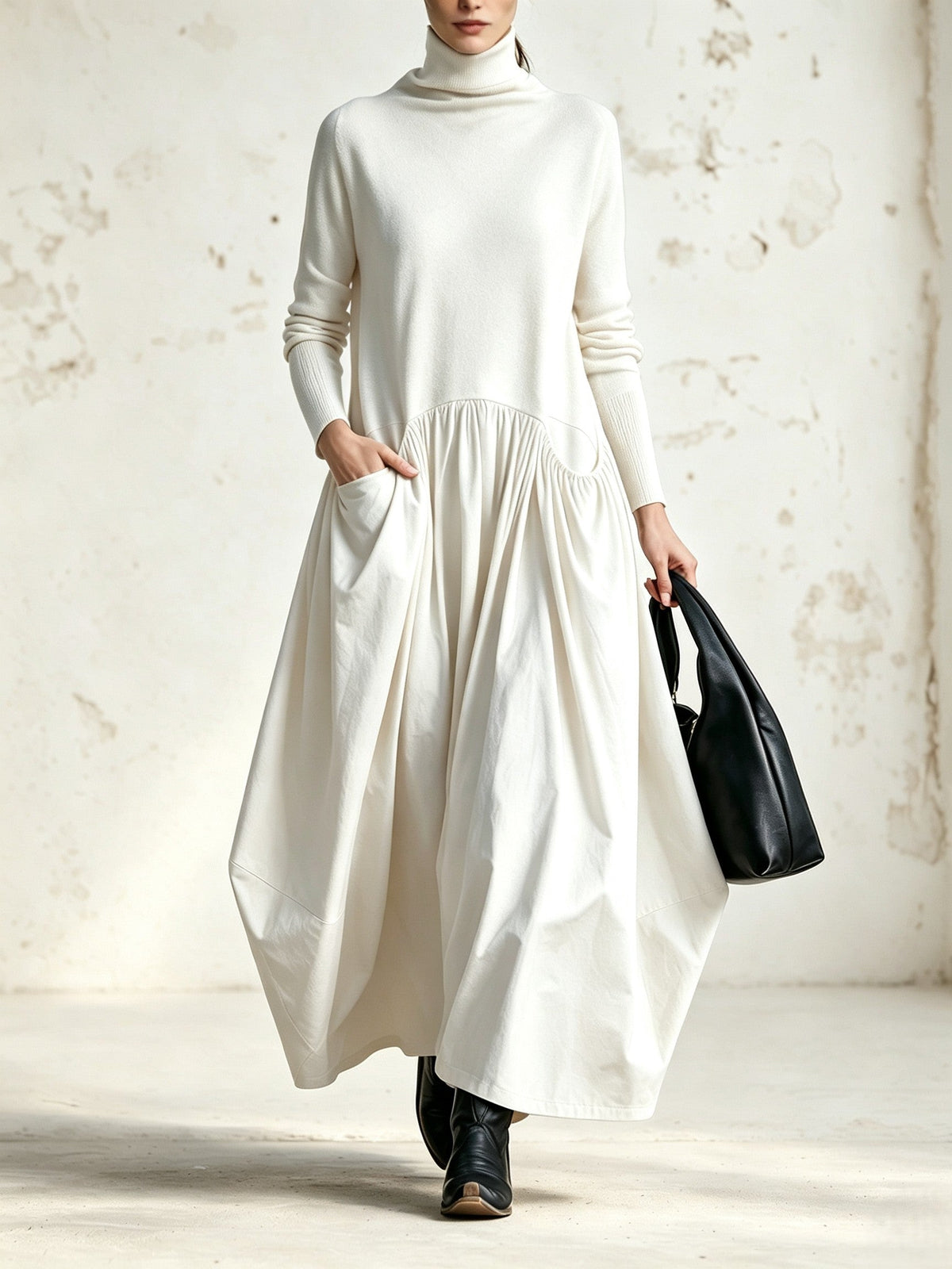 Vestido largo oversize con cuello alto y bolsillos