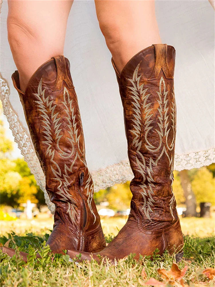 Bonnie | Women's Pointed Toe Embroidered Western Knee High Boots with Side Zip