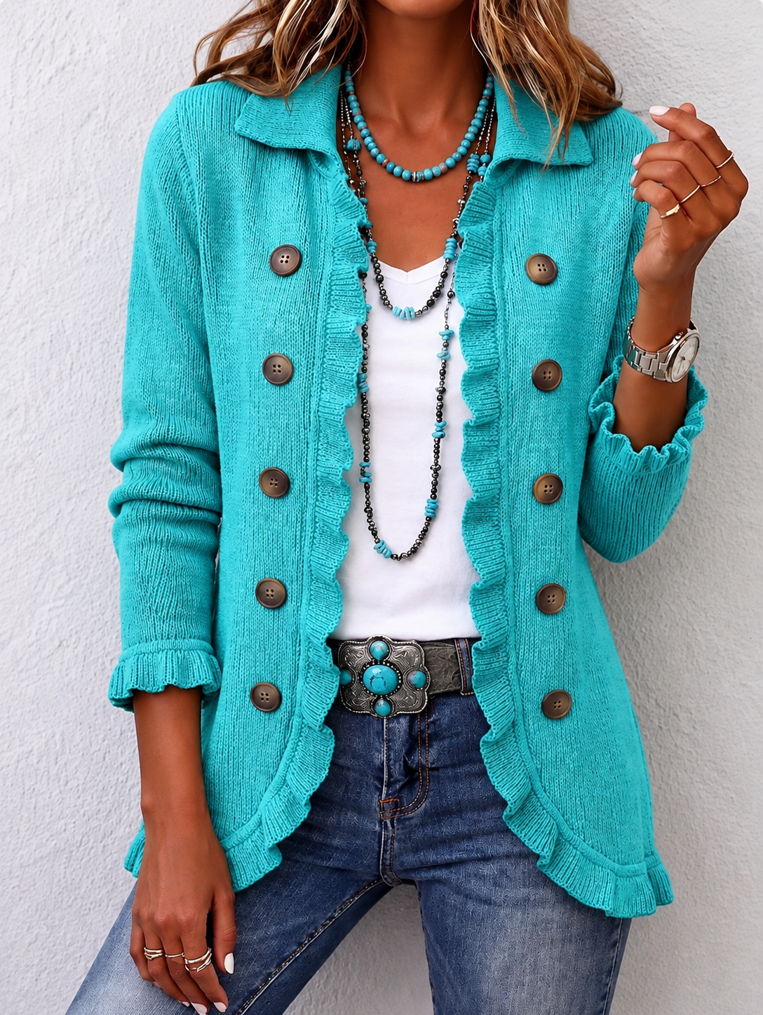 Rosalia | Veste en Maille Turquoise à Volants