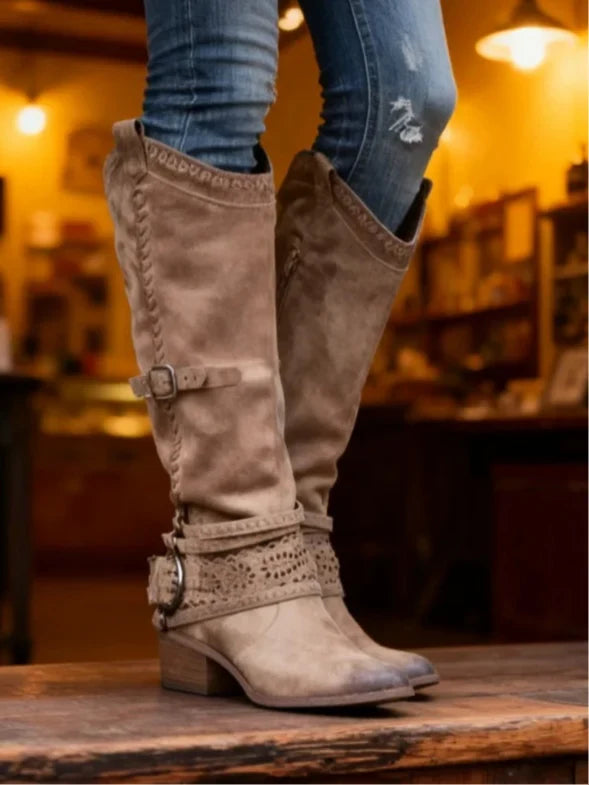 Edith | Women's Slip On Round Toe Knee High Buckle Strap Boots with Zipper