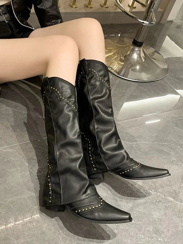 Evie | Women's Block Heel Studded Pointed Toe Biker Boots