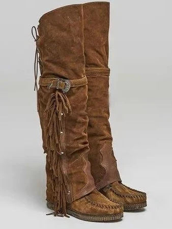 Faith | Women's Slip On Brown Suede Fringe Over The Knee Boots with Buckle Strap