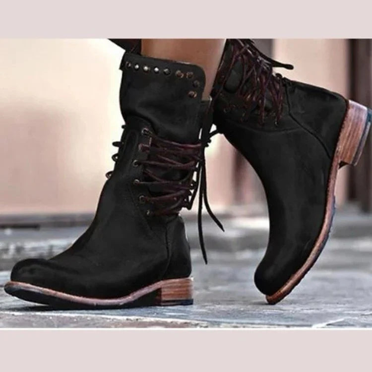 Freya | Women's Round Toe Lace Up Motorcycle Boots