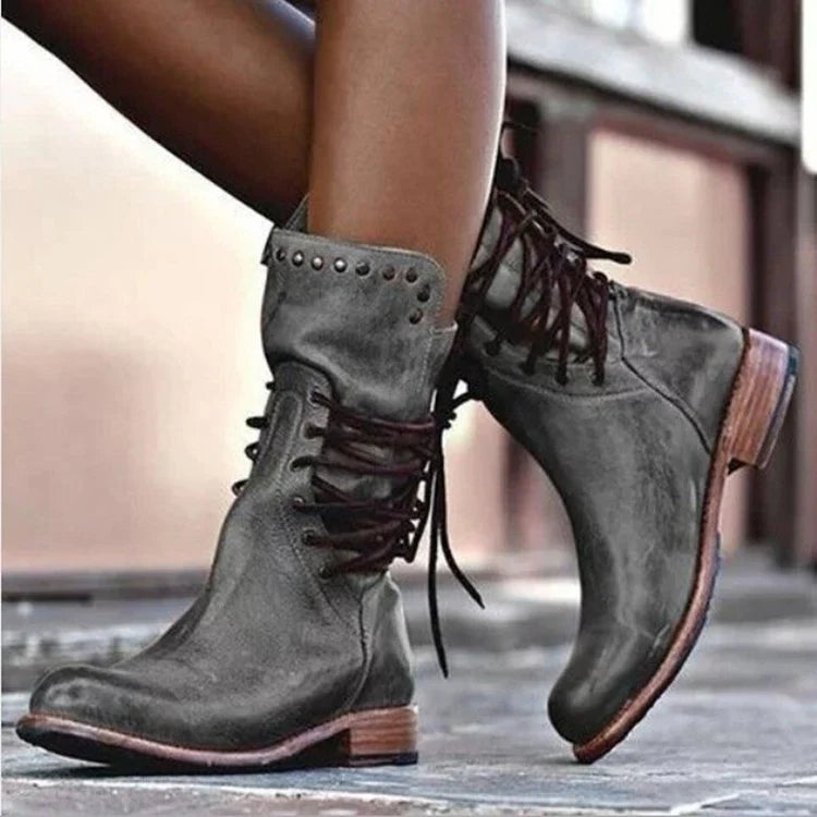 Freya | Women's Round Toe Lace Up Motorcycle Boots