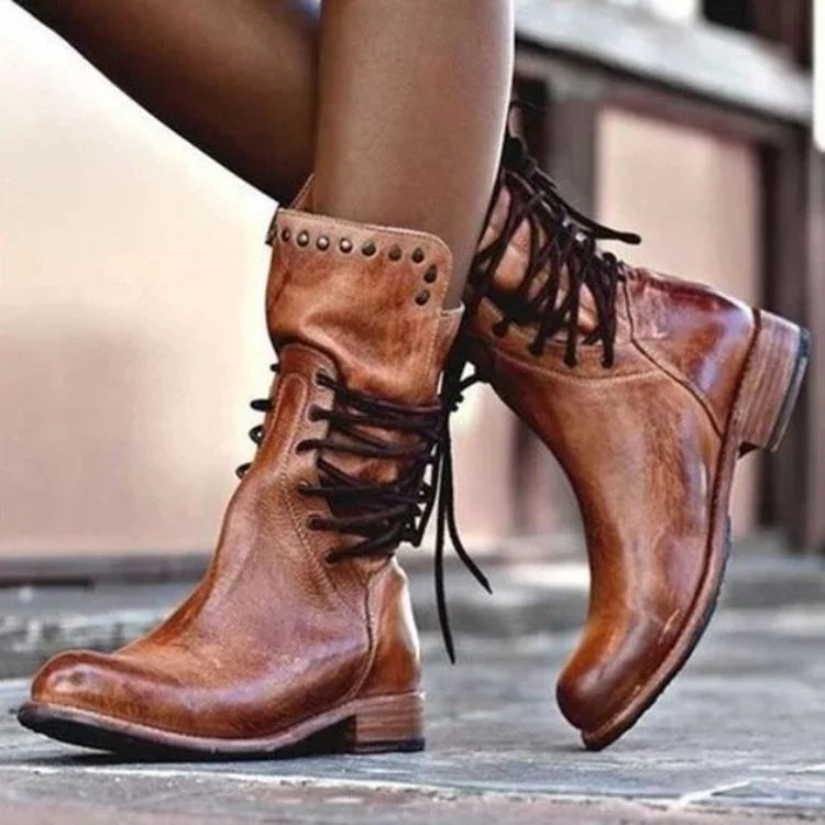 Freya | Women's Round Toe Lace Up Motorcycle Boots