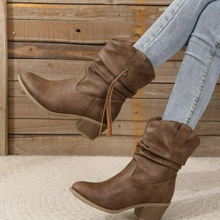 Hannah | Women's Block Heel Western Cowboy Ankle Boots with Tassel and Braided Accent