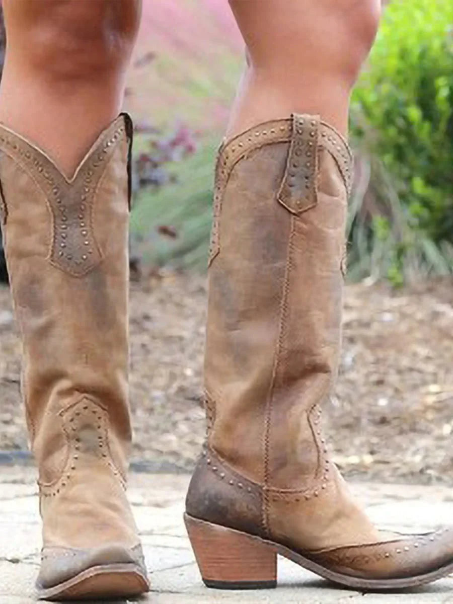 Hayley | Women's Western Studded Vintage Cowgirl Boots with Low Heel and Rivets