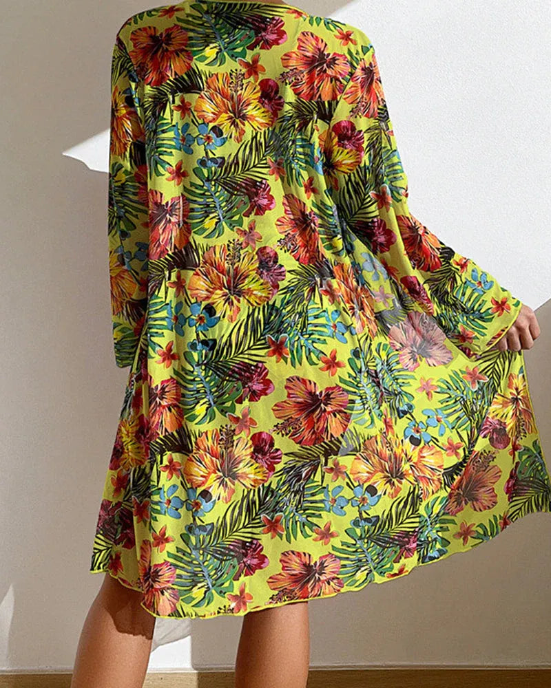 Ensemble bikini tropical avec kimono fluide