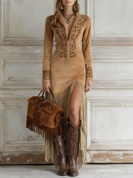 Robe longue western en suédine brodée à franges et demi-zip