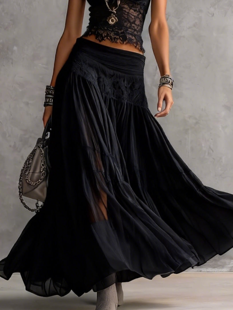 Ensemble Noir Top en Dentelle Transparente & Jupe Maxi Plissée