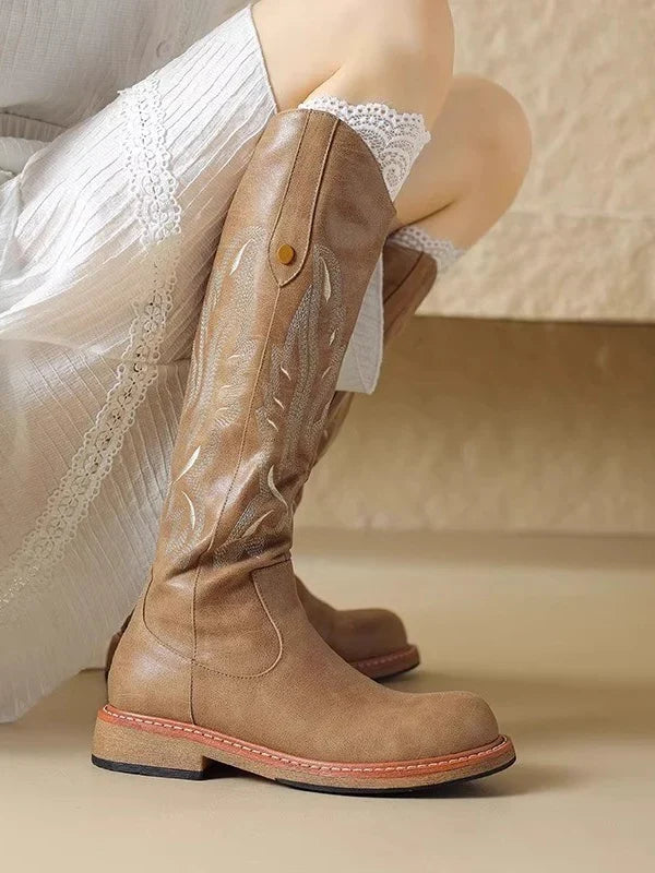 Millicent | Women's Block Heel Round Toe Embroidered Biker Knee High Boots