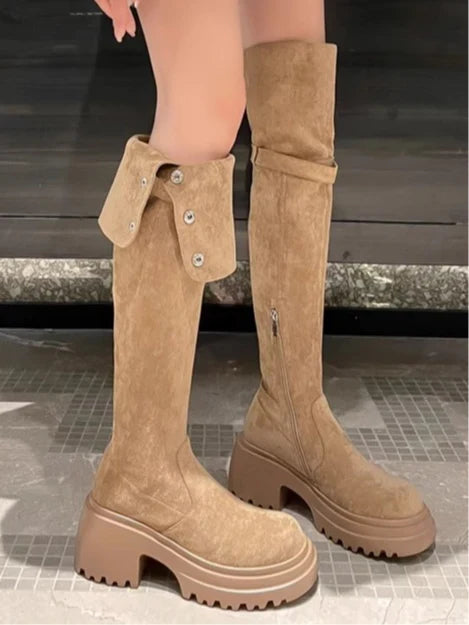 Nicole | Women's Block Heel Knee High Suede Biker Boots with Side Zip