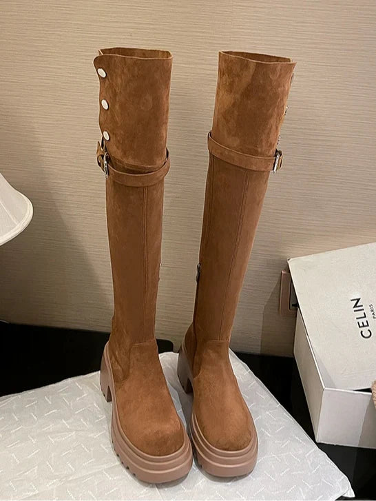 Nicole | Women's Block Heel Knee High Suede Biker Boots with Side Zip