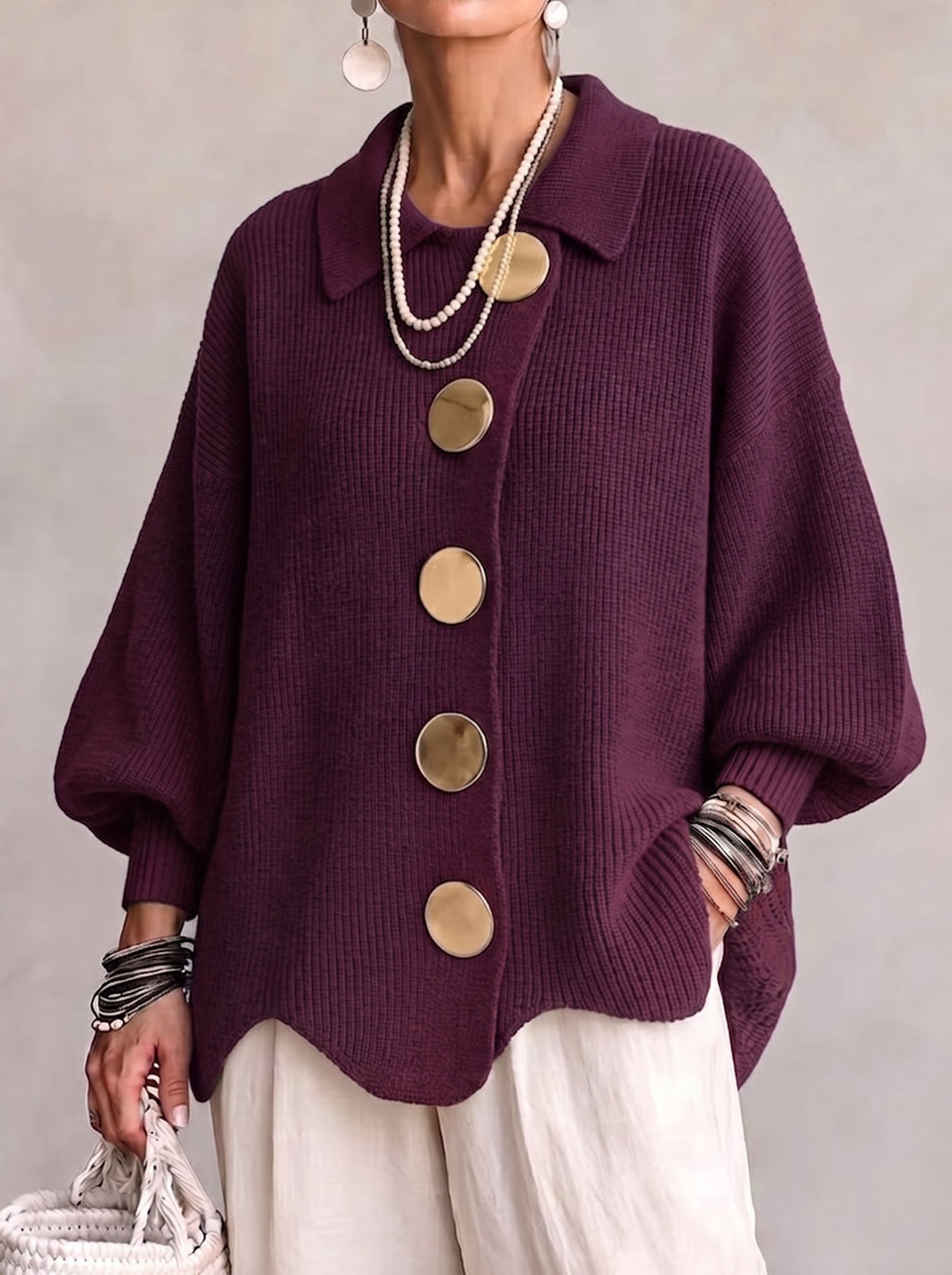 Cardigan oversize en maille à col et grands boutons métalliques