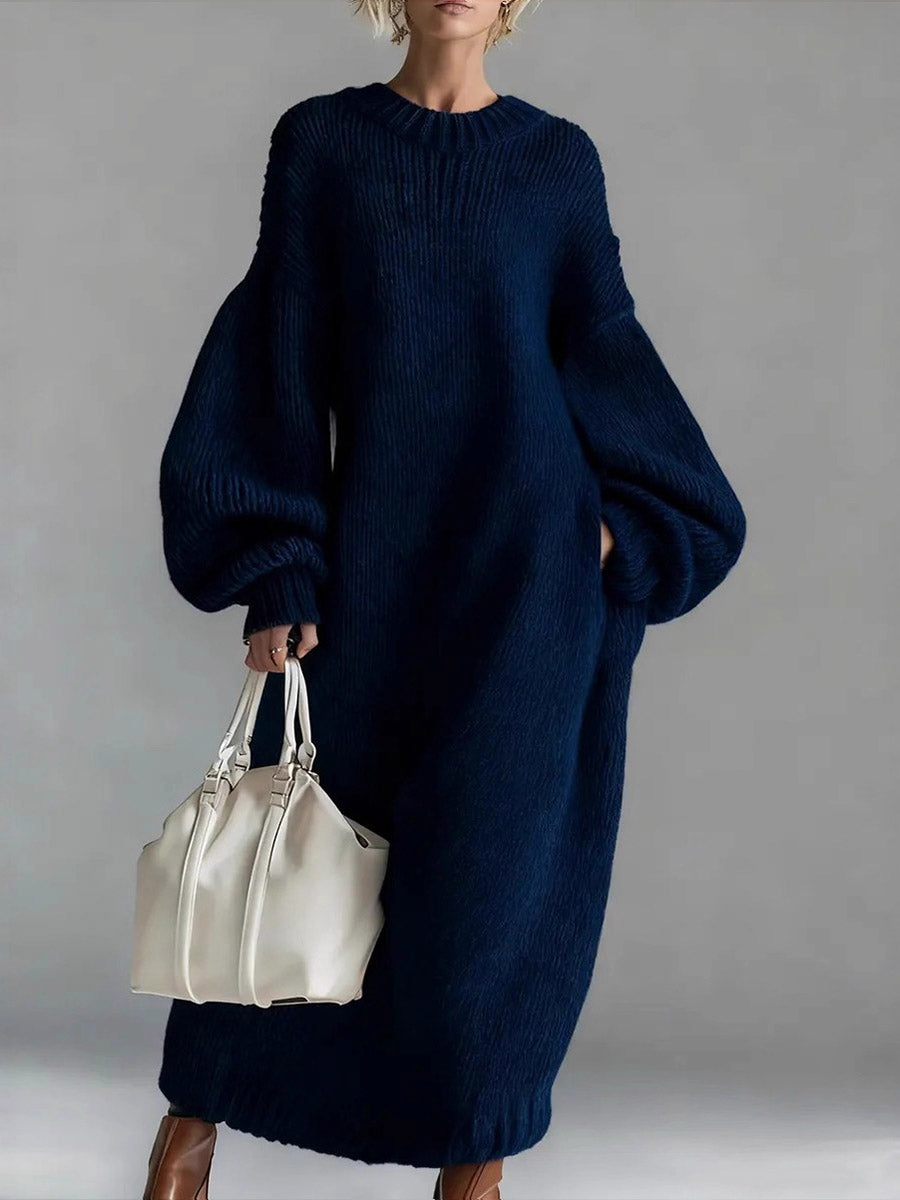 Robe-pull décontractée ample à col rond et manches longues en maille unie