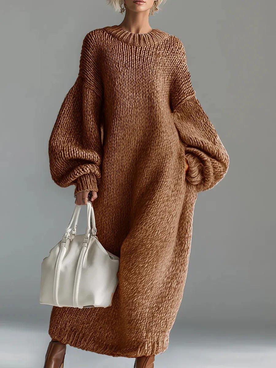 Robe-pull décontractée ample à col rond et manches longues en maille unie