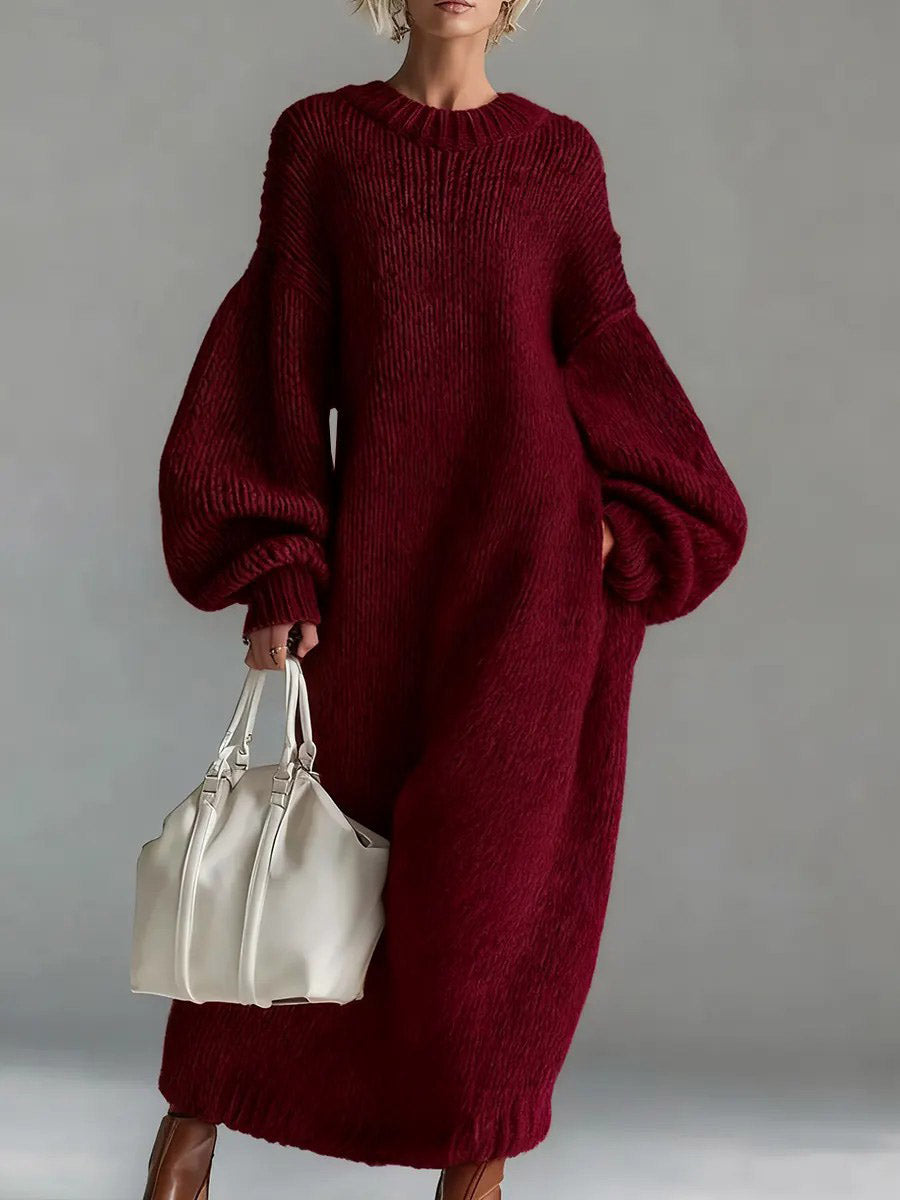 Robe-pull décontractée ample à col rond et manches longues en maille unie