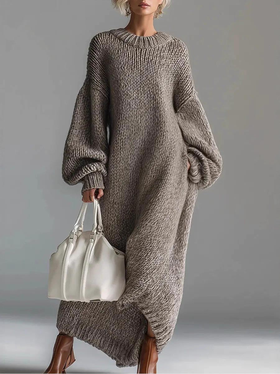 Robe Pull Casual Ample à Col Rond et Manches Longues en Maille Unie