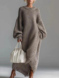 Robe Pull Casual Ample à Col Rond et Manches Longues en Maille Unie