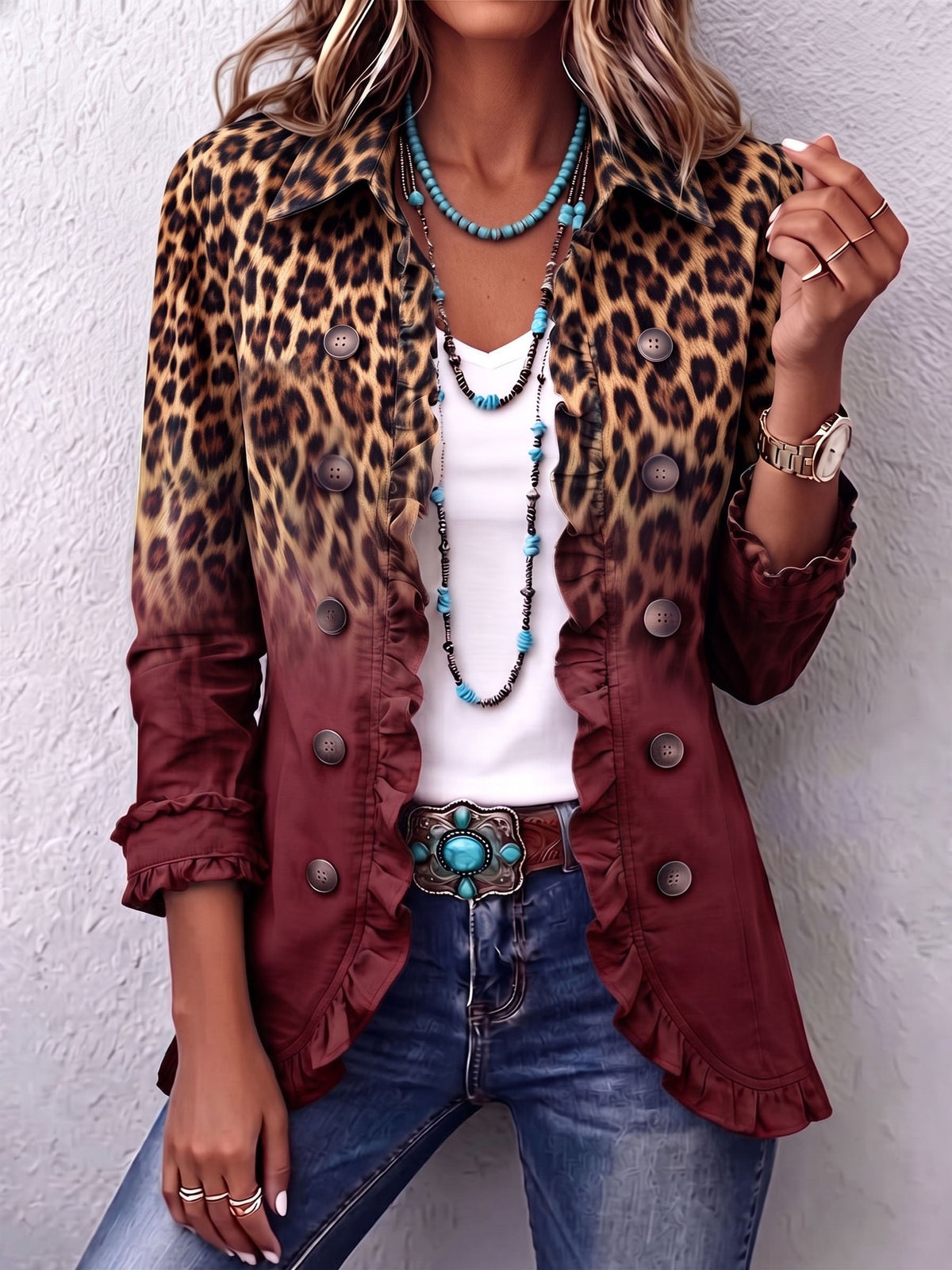 Immacolata | Blazer Léopard Bordeaux à Volants