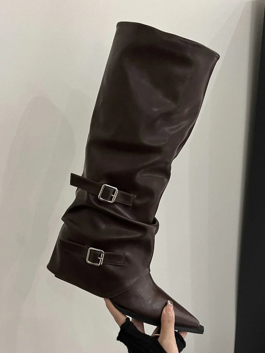 Paige | Women's Block Heel Pointed Toe Biker Boot with Buckle