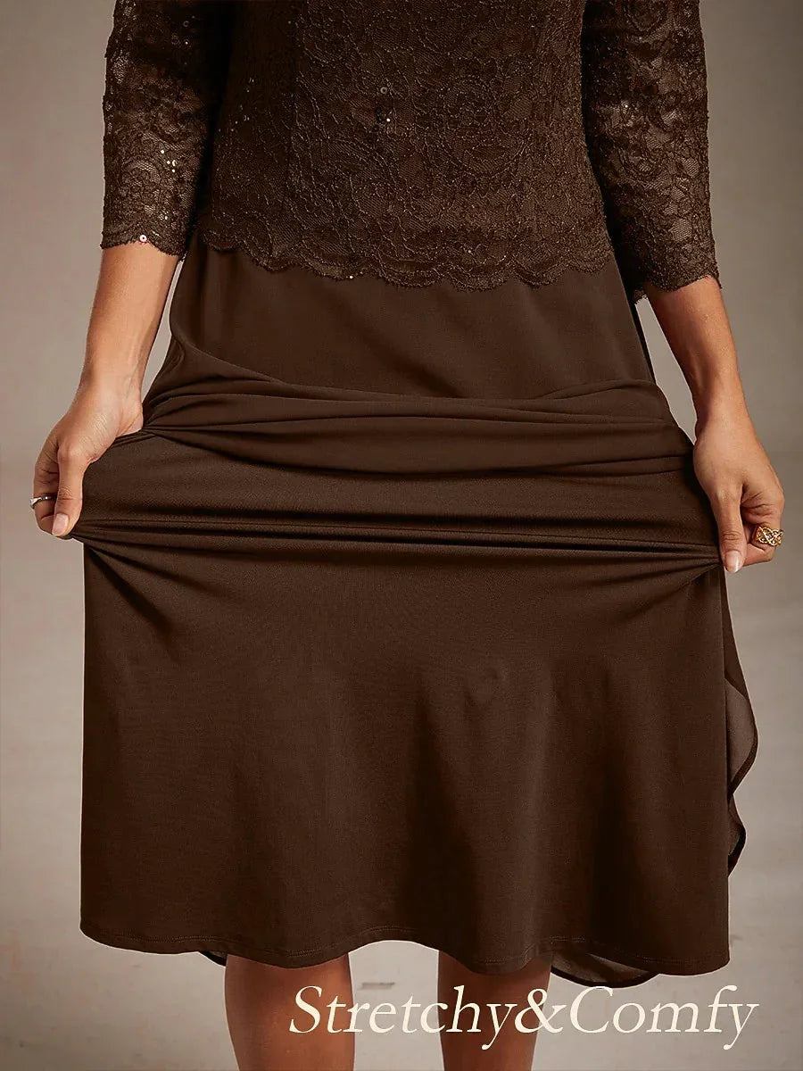 Robe midi en dentelle à manches trois quarts