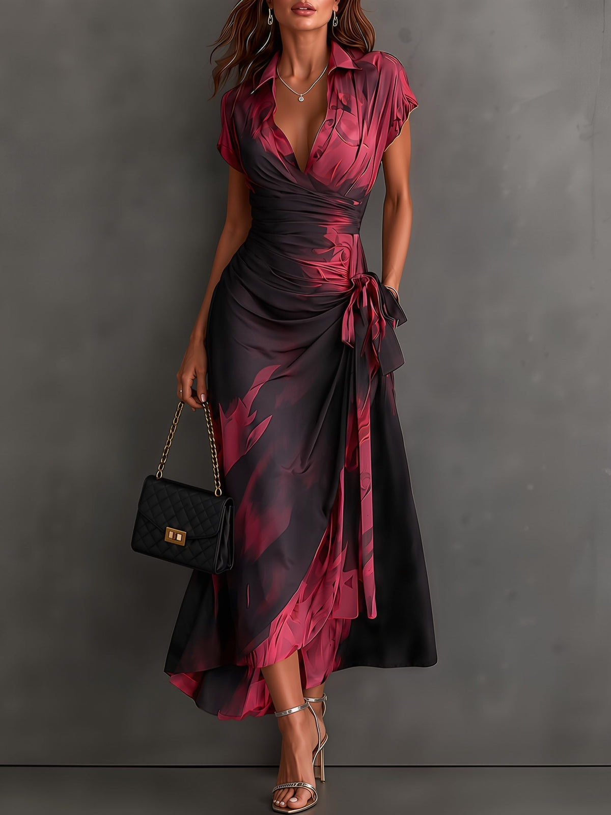 Rosalie | Robe Midi Croisée à Imprimé Abstrait, Col V, Manches Courtes, Ceinture et Ourlet Asymétrique à Volant