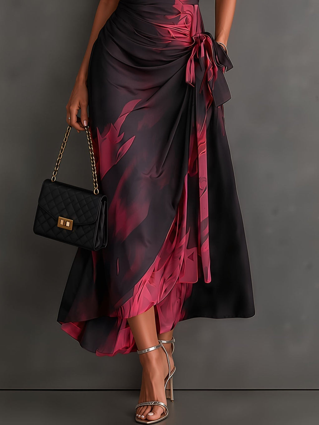 Rosalie | Robe Midi Croisée à Imprimé Abstrait, Col V, Manches Courtes, Ceinture et Ourlet Asymétrique à Volant