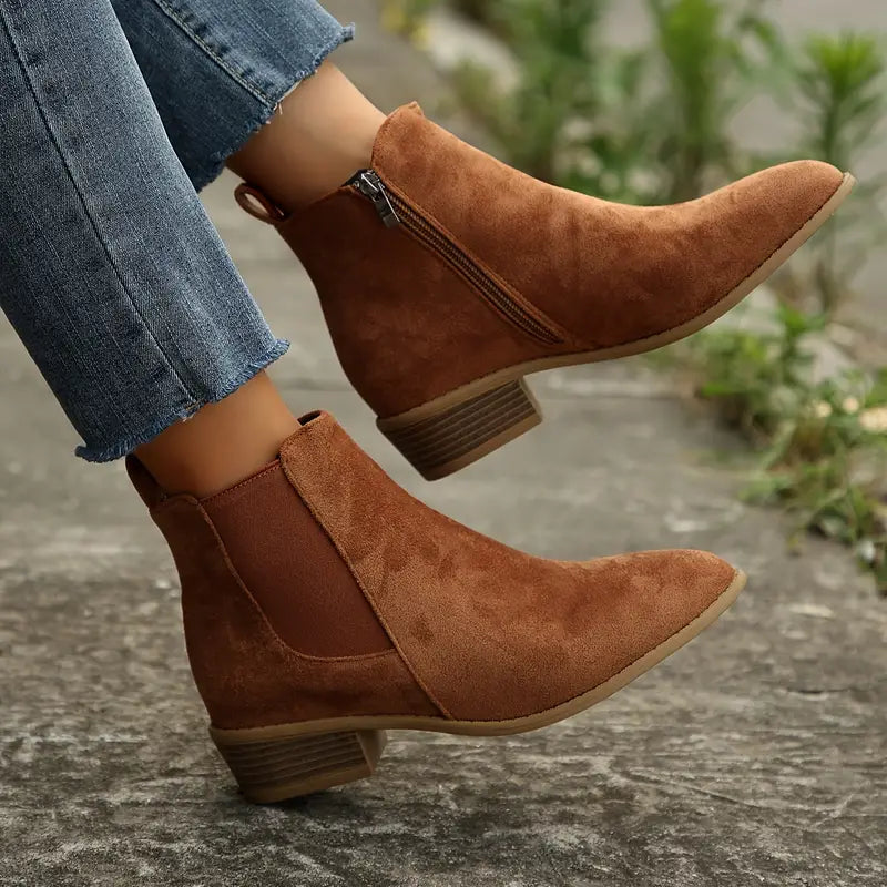 Winter Boots For Women | Suede Ankle Chelsea Zip Heel